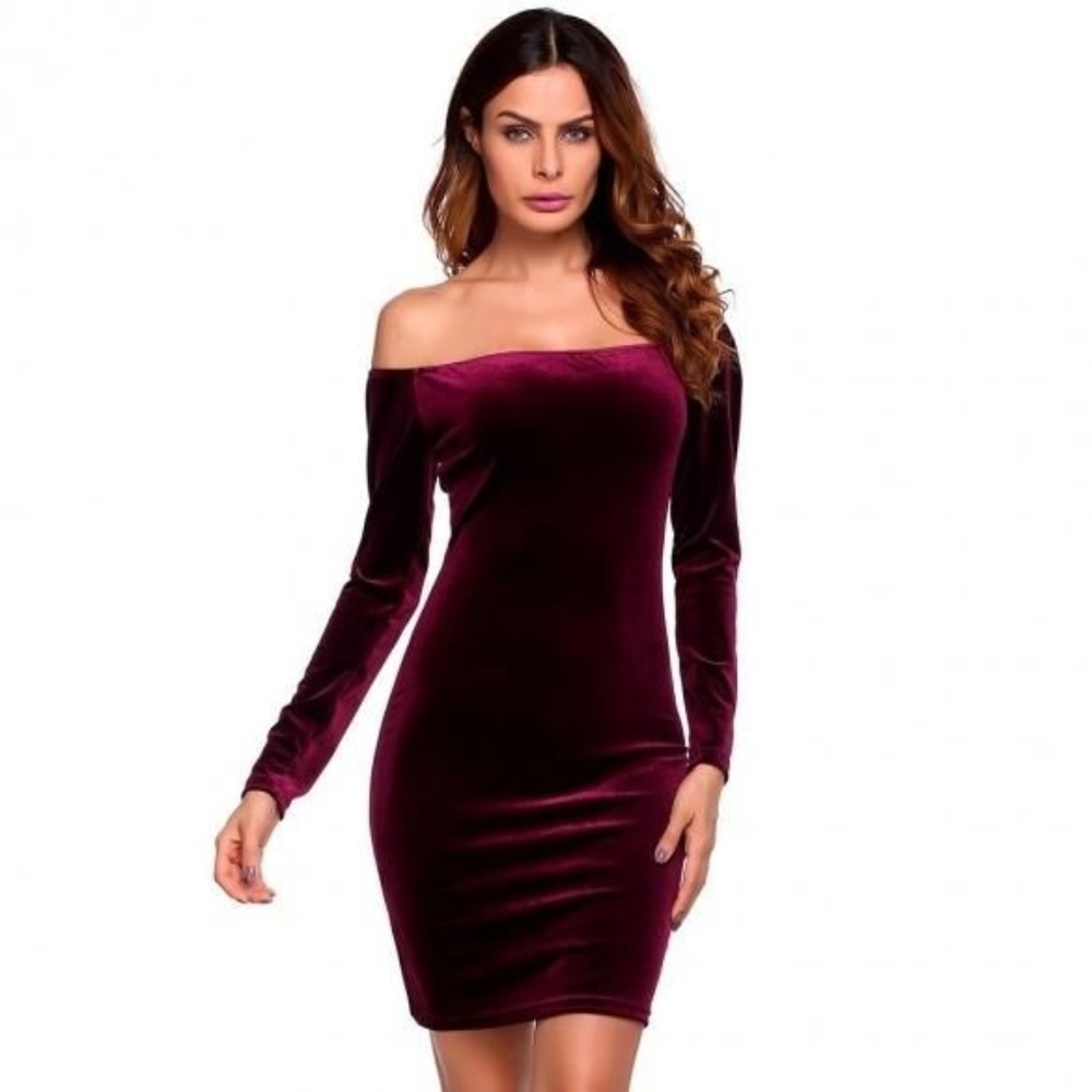 Womens Off Shoulder Velvet Long Sleeves Bodycon Pe